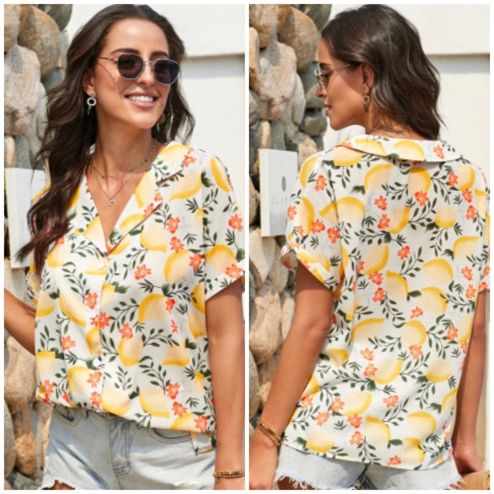 🍋HPx2🍋 XL Left•Yellow Print Floral Button-Up Top - Picture 3 of 6